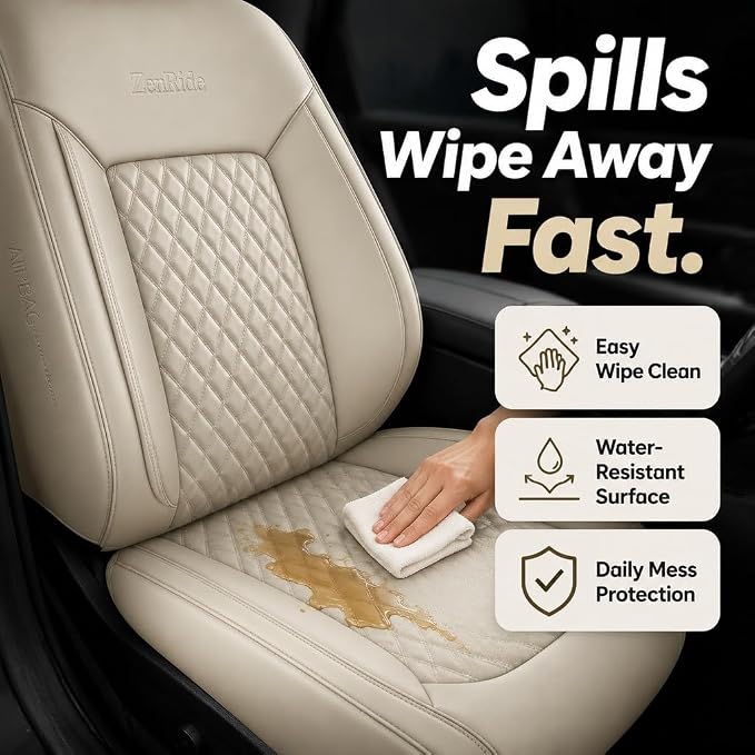 Beige Thick Nappa Leather Automotive Front Car Seat Covers Set of 2 | Univerasal Precision Fit,3D Contoured,Full Coverage,Waterproof,ThickTexture Nappa Leather,for most Suvs Trucks Sedans