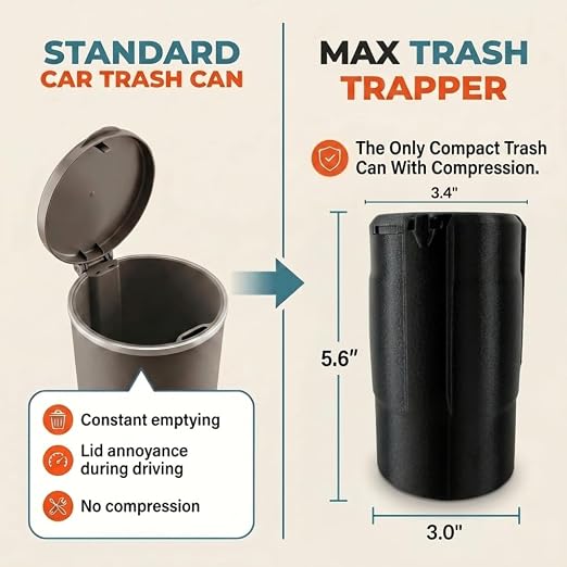 Trash Trapper Car Trash Can Cup Holder | Max Car Trash Can | Fits in Most Cupholders | 5.6" x 3.5" | Traps More & Empties Less, Patent-Pending Compaction, Holds Many Weeks Small Garbage, Black/Grey