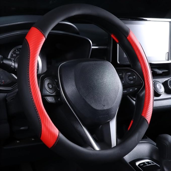 Steering Wheel Cover Red- Premium Perforated Carbon Fiber Leather Sport Wrap with Odorless Rubber Non-Slip Inner, Universal Fit for Cars Trucks SUVS - 15 Inch (Red)
