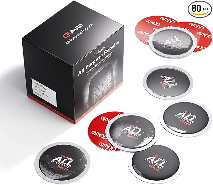 CKAuto 80 PCS All Purpose Tire Repair Patch Kit Heavy Duty 2-1/4"/(60mm), Tire Plug Repair Kit Flat for Car Van Truck Bus Motorcycle and Inner Tire, Round Dia 2-1/4"/(60mm)