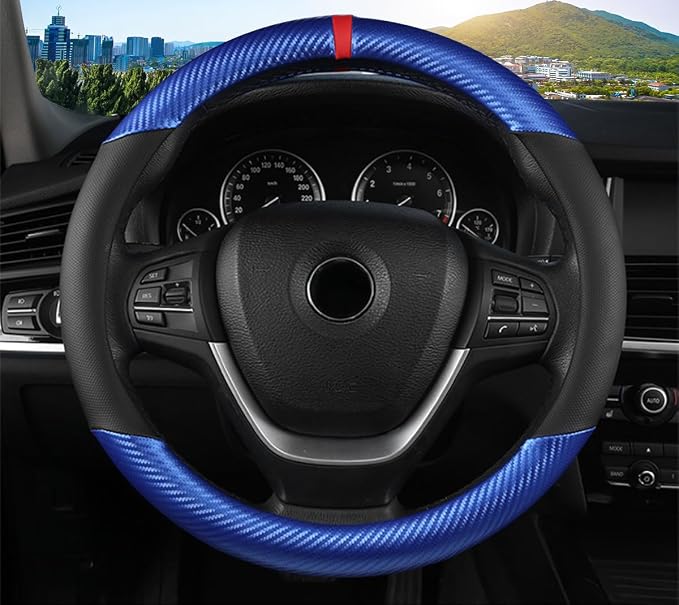 KAFEEK Carbon Fiber Steering Wheel Cover for Men, Car Accessories, Blue | Universal 15 Inch Sporty & Thin Cover, Anti-Slip Breathable Leather with Racing Red Center Stripe
