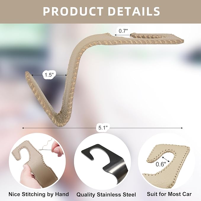 Car Purse and Coat Hanger - 2Pack Beige Leather Hooks for Hanging Purses, Bags and Coats