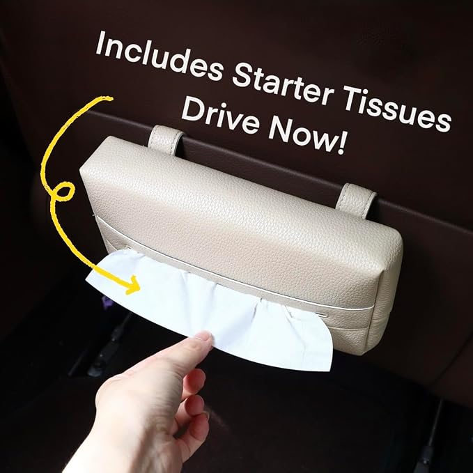 Premium PU Leather Car Tissue Holder & Napkin Dispenser, White Ivory Beige Color, Refillable Visor Case for Masks, Auto Interior Accessories