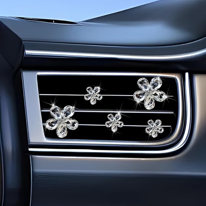 5PCS Bling Flower Car Air Vent Clips, Crystal Rhinestone Vehicle Air Conditioning Outlet Clip, Diamond Automotive Interior Decoration Charm, Universal for Automobile RV Truck (White)