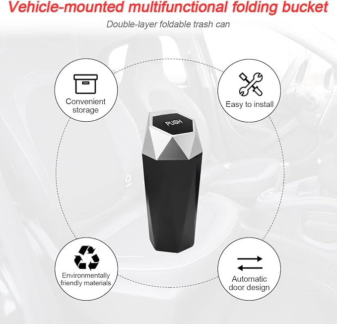 Car Trash Can with Lid, Mini Portable Auto Garbage Can, Small Leakproof Diamond Design Trash Dustbin, Waterproof Vehicle Rubbish Bins for Automotive Car, Home, Office, Kitchen, Bedroom (Silver,1)