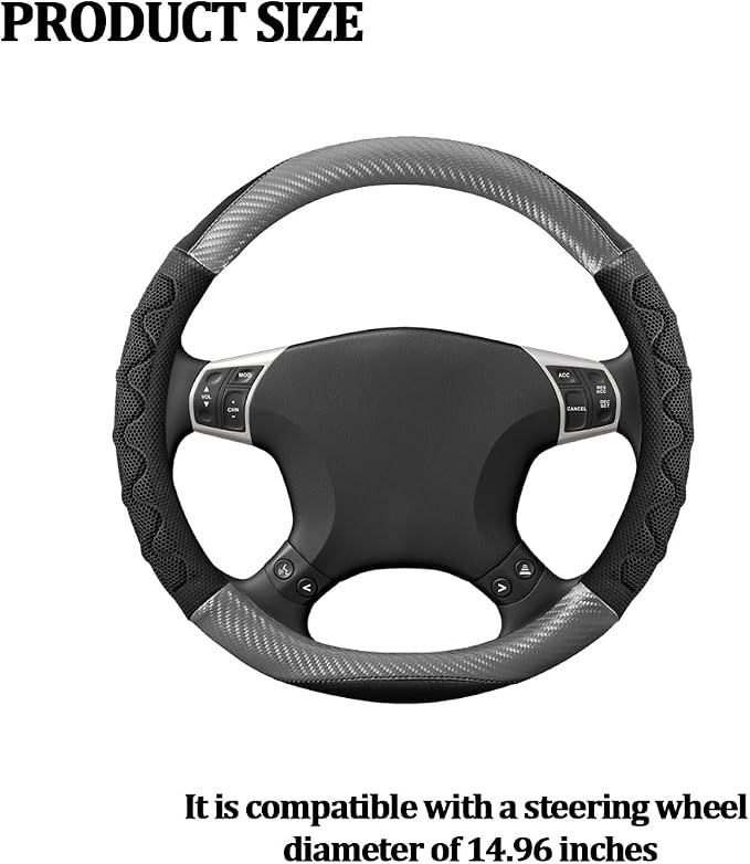 HZEL Car Steering Wheel Cover, Carbon Fiber Breathable Soft Grip Vehicle Steering Wheel Protector with Anti-Slip Lining, Automotive Interior Protective Decor Accessories, Universal Fit (Gray)
