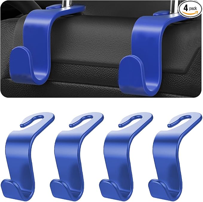 8sanlione Car Back Seat Headrest Hooks, 4PCS Vehicle Backseat Storage Organizer Hanger, Multifunctional Auto Headrest Hidden Hook Universal for Handbag Purse Backpacks Bags and Groceries (Blue)