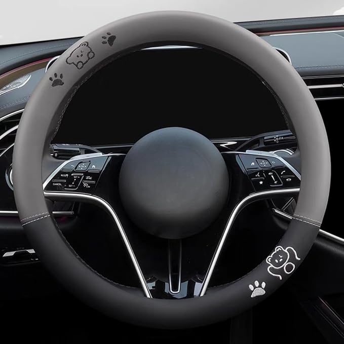 15 Inches Universal Round Leather Car Steering Wheel Cover, Cute Bear Soft Breathable Non-Slip Steering Wheel Protector Wrap (Grey)