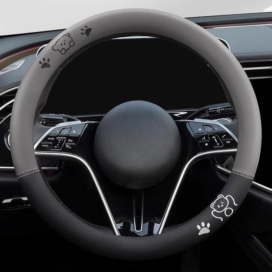 15 Inches Universal Round Leather Car Steering Wheel Cover, Cute Bear Soft Breathable Non-Slip Steering Wheel Protector Wrap (Grey)