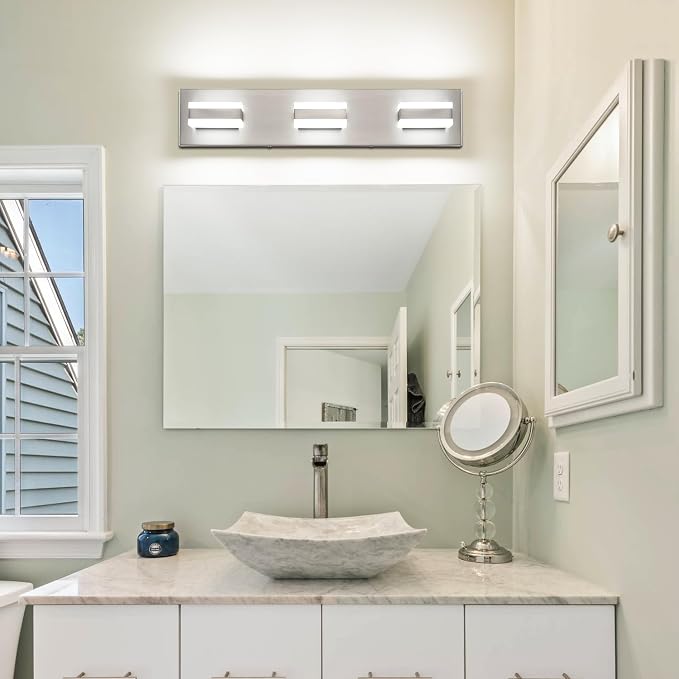 SOLFART Bathroom Vanity Lights Over Mirror Brushed Nickel Bathroom Light Fixture 3 Light Led Lights for Bathrooms Vanity Lights for Bath Nickel ETL Listed
