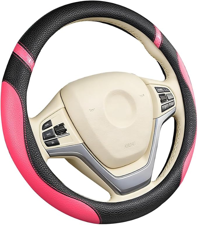 Car Steering Wheel Cover, Leather Anti-Slip Stretch Breathable Vehicle Steering Wheel Protector, Automotive Interior Protection Accessories for Men Women, Universal Fit (Black/Rose Red)