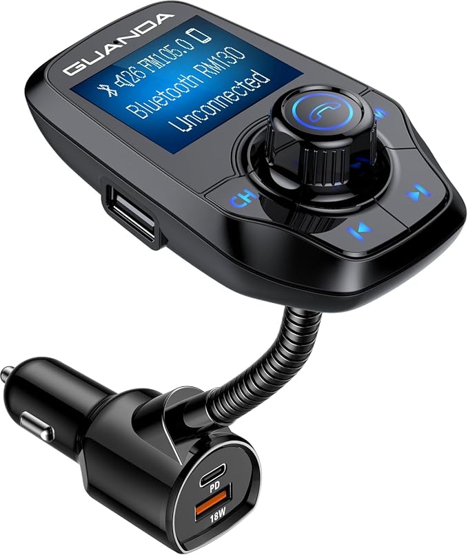 FM Transmitter Bluetooth 5.3 for Car, Bluetooth Radio Adapter Transmitter for Car, Wireless Audio Transmitter and Receiver 1.44" Display AUX in/Out SD/TF Card USB C Charger [PD 30W], GUANDA