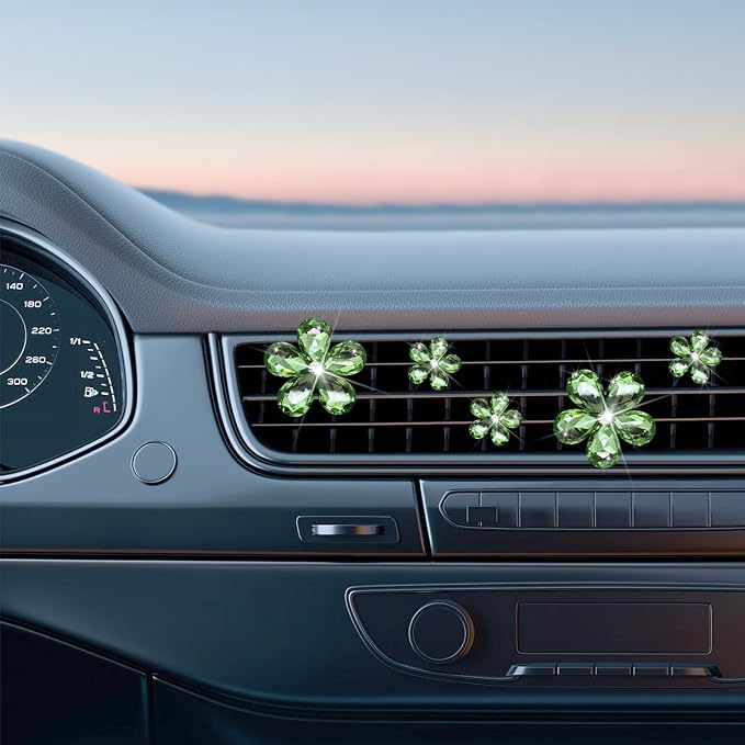 Zpana Bling Daisy Flower Car Air Vent Clips, 5PCS Sparkling Crystal Rhinestone Cute Vehicle Air Conditioning Clamp, Diamond Auto Air Outlet Clip Decor for Women Girls, Universal Fit (Green)