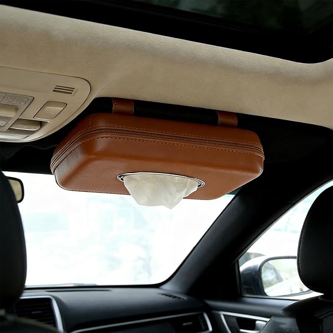 Car Sun Visor Tissue Holder, Leather Stylish Vehicle Visor Backseat Napkin Organizer Box with Zipper, Auto Interior Sunvisor Paper Towel Mask Dispenser Case, Universal for SUV Van RV (Brown)