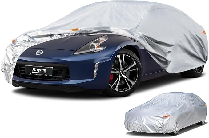 Kayme 6 Layers Car Cover Custom Fit for Nissan 350Z 370Z Z Coupe Roadster（2009-2025） Waterproof All Weather for Automobiles, Outdoor Full Cover Rain Sun UV Protection. Silver