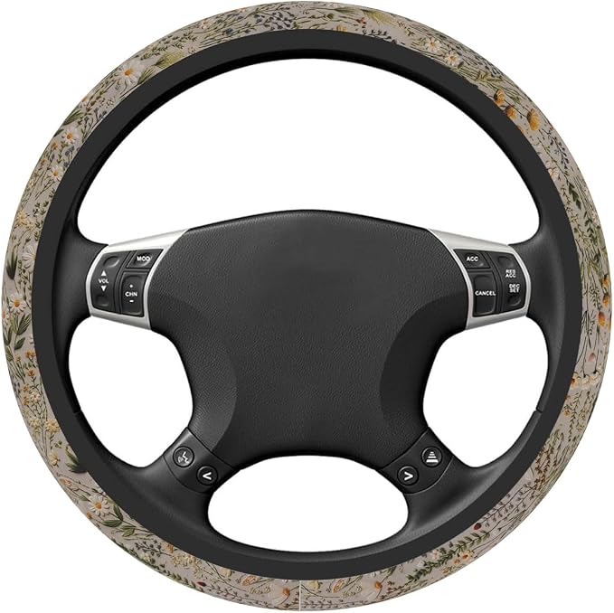 Steering Wheel Cover, Retro Wildflowers Flowers Steering Wheel Cover for Women Men Universal 15 Inch Steering Wheel Protector Fit Auto SUV Sedan Vans Trucks