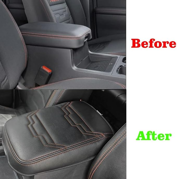 Muslogy Center Console Armrest Cover Fit for Nissan Frontier 2022-2025 2026 Accessories, Comfort Armrest Pad Console Lid Cushion Protector Vegan Leather Regular Thick (V2 Orange Trim)