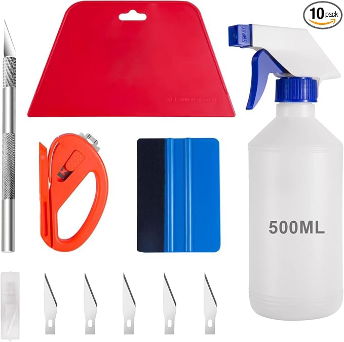 Car Window Tint Application Tools Kit, Car Vinyl Wrap Tool Window Tint Squeegees Set with with Spray Bottle Scraper Knife, Glass Protective Film Installing Tool for Automotive & Home (10PCS)