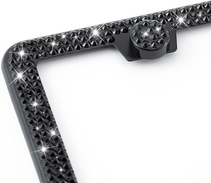 FIISFIIS Bling License Plate Frame for Women,2 Pack Premium Stainless Steel Rhinestone License Plate Holder,Handmade Glitter Crystal Diamond Girl Lincense Plate Tag Cover,Bedazzled Sparkly-Black