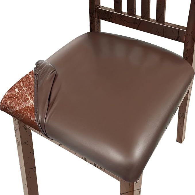 Pu Leather Dining Chair Seat Covers Set of 8, Waterproof Kitchen Chair Covers Stretch Chair Cover for Kitchen/Dining Room/Hotel, Tasteless seat Covers for Chairs (Coffee - 8 PCS)