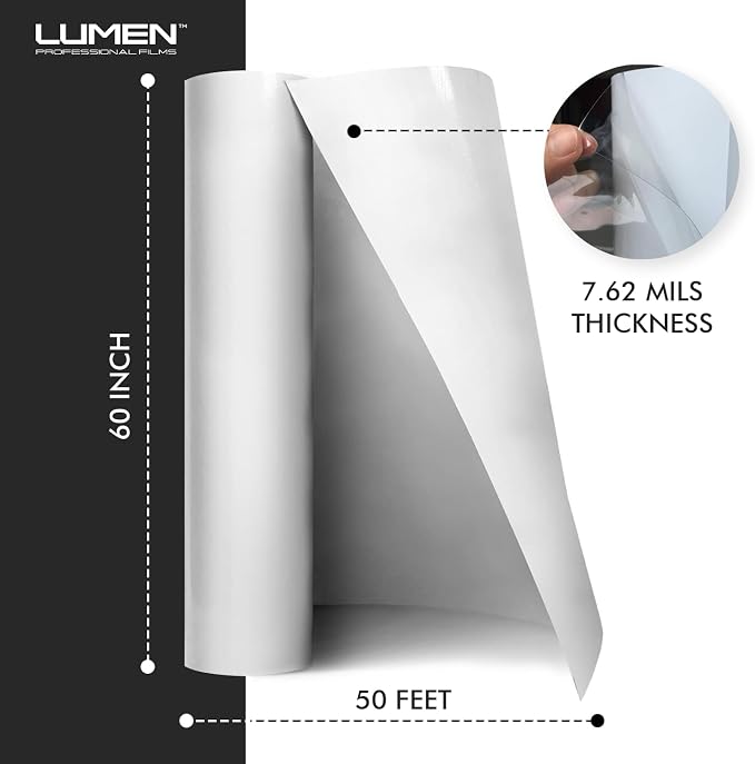 Lumen Clear Vinyl Wrap Paint Protection Film (PPF) For Cars | 60" x 50' | Top Coated Clear Vinyl Hybrid Protective Film For Cars | Scratch & Stain Resistant, Self-Healing, UV Protection, Universal Fit