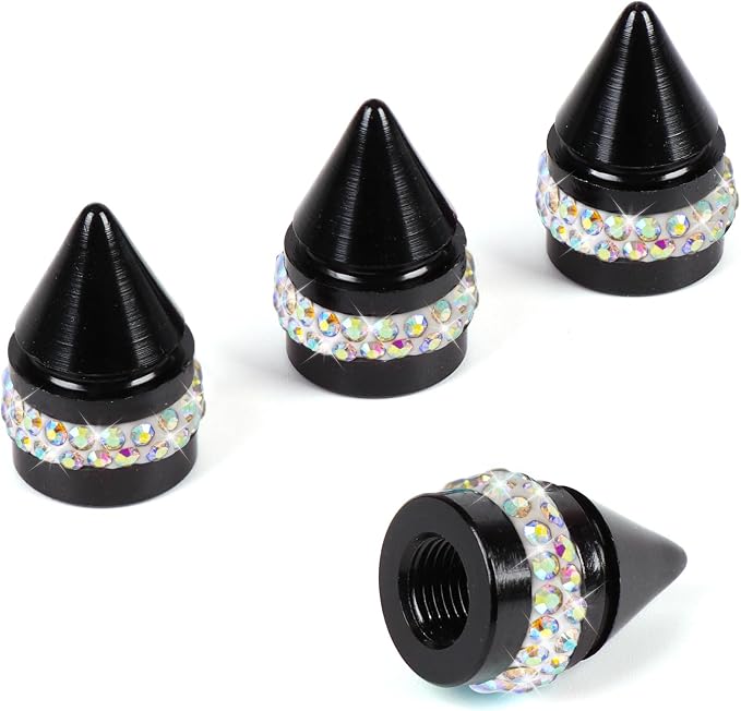 ToBeQueen Colorful Bling Tire Valve Caps, Handmade Crystal Rhinestone Dimand Tire Caps, 4 Pack Aluminum Alloy Universal Valve Stem Caps Bling Car Accessories for Women(AB Color)