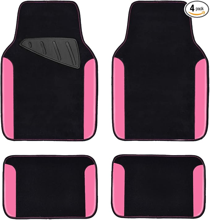 CAR PASS Rainbow Waterproof Universal Fit Faux Leather Car Carpet- Anti-Slip Nibbed Backing Floor Mats for SUV, Vans,Sedans,Trucks, Automotive Set of 4 for Women&Cute Girly (Black with Pink)