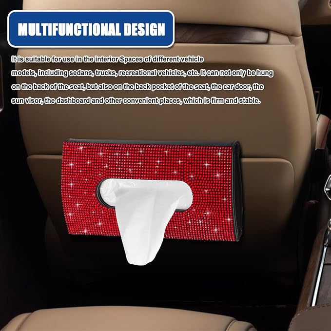Bling Car Sun Visor Tissue Box Holder, Visor Accessories, Rhinestone PU Leather Crystal Sparkling Napkin Holder, Auto Sun Visor Paper Towel Cover Case Accessories for Most Cars (Red)