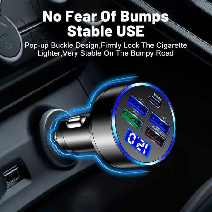 120W 5-Port Car Charger with PD Fast Charging & LED Voltage Display – USB C Cigarette Lighter Adapter (4 USB + 1 PD) for iPhone, Android & Multiple Devices