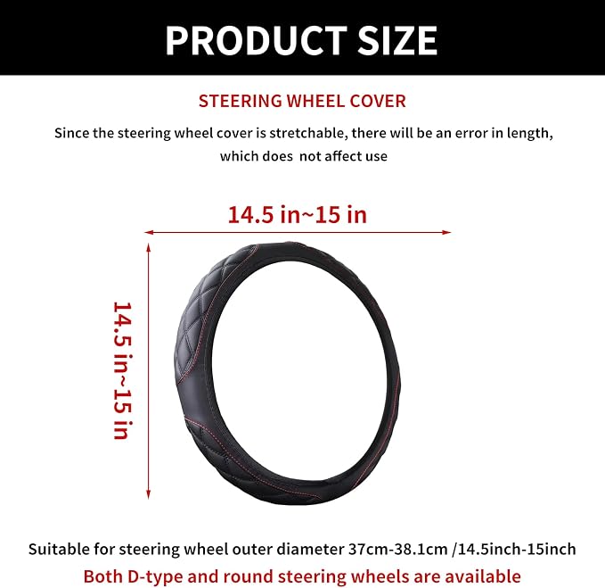 15 Inch Leather Steering Wheel Cover, Automotive Accessories Breathable Anti-Slip Elastic Soft Wheel Protector, Fit for Most SUVs Trucks and RVs (Black)