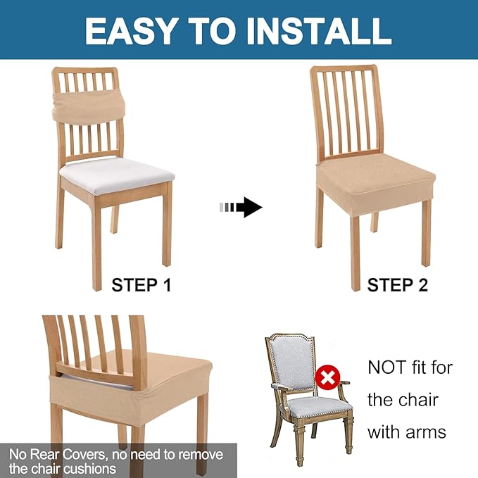 Smiry Waterproof Seat Covers for Dining Room Chairs Set of 8, Stretch Jacquard Removable Washable Chair Seat Slipcovers Protector, No Rear Covers, Khaki