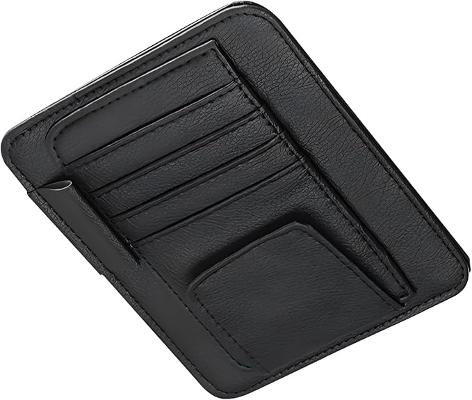 Car Sun Visor Organizer, Premium Leather Sun Visor Sunglass Holder with Card Holders & Pen Clip Slot, Universal Car Interior Organizer for Driving License, Card, Pen (Black)