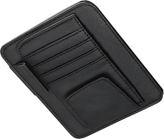 Car Sun Visor Organizer, Premium Leather Sun Visor Sunglass Holder with Card Holders & Pen Clip Slot, Universal Car Interior Organizer for Driving License, Card, Pen (Black)