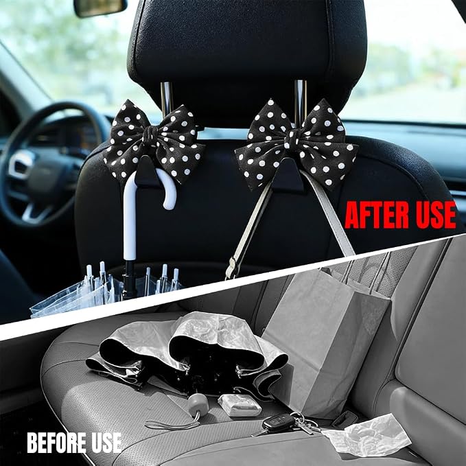 2PCS Car Seat Headrest Hooks, Car Purse Hook, Cute Bow Knot Vehicle Seatback Hanging Storage Organizer, Auto Seatback Decor Organizer Hanger for SUV Truck (Black/Polka Dot)
