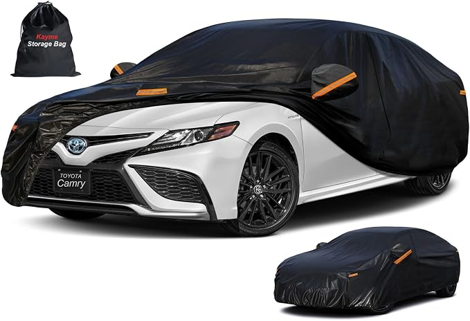 Kayme 7 Layers Car Cover Custom Fit for Toyota Camry Sedan/Solara (1996-2025) Waterproof All Weather for Automobiles, Outdoor Full Cover Rain Sun UV Protection with Zipper Cotton/Black