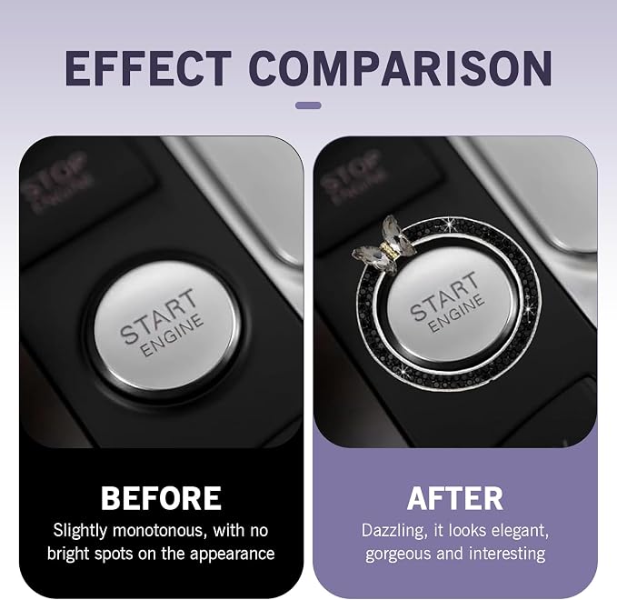 Bling Car Engine Start Stop Decoration Ring, Crystal Rhinestone Butterfly for Car Button Ring, Auto Interior Accessories for Women, Push to Start Button Cover Decoration (Black)