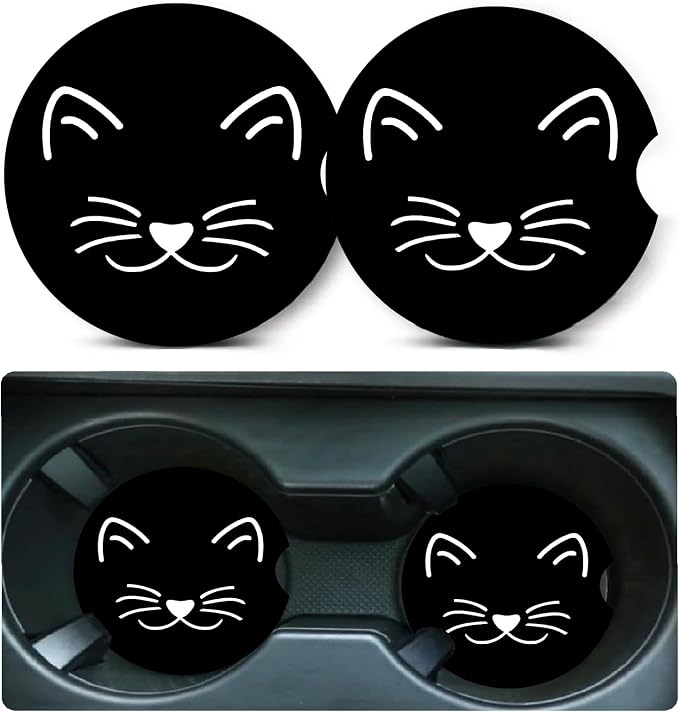 2 Pack Cat Car Cup Holder Coasters Universal Neoprene Coasters | 2.75" Universal Size Anti Slip Rubber Mat, Auto Cup Holder Accessories for SUV Truck, Cat Mom Gifts for Women Men