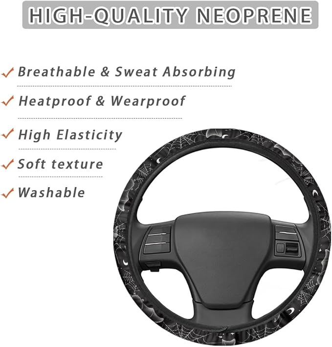 AFPANQZ Automotive Steering Wheel Covers for Driver Universal 14 to 15 in | Bat Spider Web Print Steering Wheel Protector with Cloth for Women, Keep Warm Comfort Grip, Sweat Absorption Neoprene