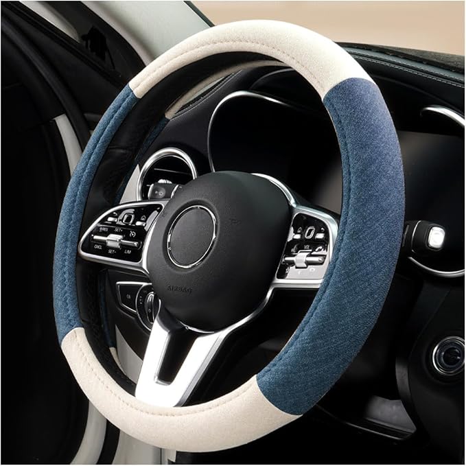 Zpana Car Steering Wheel Cover, 15" Linen Breathable Soft Anti-Slip Full Surround Vehicle Steering Wheel Protector, Automobile Interior Protection, Universal for Sedan Truck SUV (Blue/White)