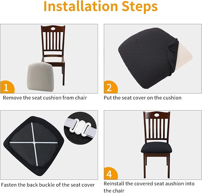 Fuloon Waterproof Seat Cushion Covers 4 PCS, Stretch Jacquard Chair Seat Covers Washable Dining Room Chair Slipcovers Removable Kitchen Cushion Protector (4, Waterproof-Black)