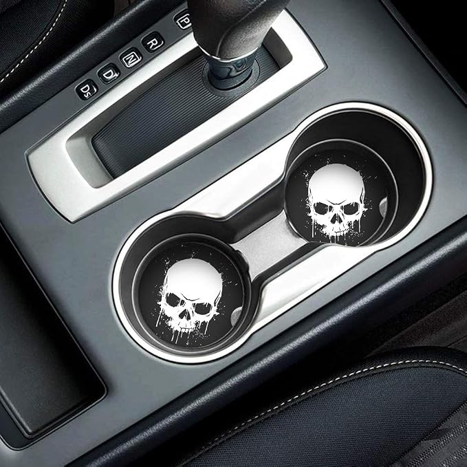 Britimes Absorbent Car Coasters 2 Pack for Cup Holders, 2.56" Ceramic Stone & Non-Scratch Cork Base Drink Coasters Skull1