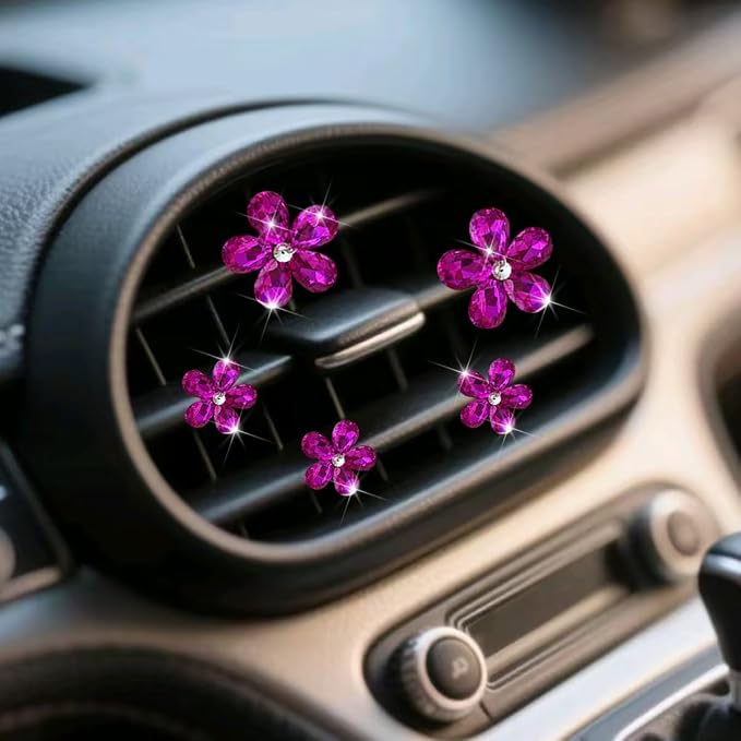 Zpana Bling Daisy Flower Car Air Vent Clips, 5PCS Sparkling Crystal Rhinestone Cute Vehicle Air Conditioning Clamp, Diamond Auto Air Outlet Clip Decor for Women Girls, Universal Fit (Rose Red)