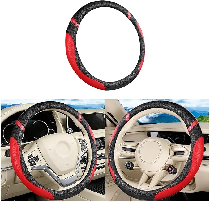 Car Steering Wheel Cover, Leather Anti-Slip Stretch Breathable Vehicle Steering Wheel Protector, Automotive Interior Protection Accessories for Men Women, Universal Fit (Black/Red)