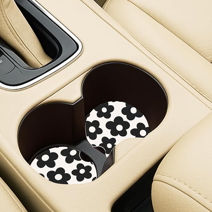 Ceramic Car Coasters – Absorbent Car Cup Holder Coaster Set for Women, Cute Aesthetic Car Accessories for Girls, 2 Pack (White Swan)