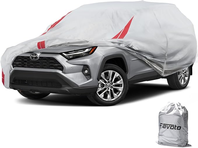 Favoto Car Cover Waterproof Custom Fit for Toyota RAV4 (2006-2026) | Windproof Heavy Duty Car Cover for Automobiles Outdoor with Reflective Strips All Weather Rain Dust Snow UV Protection
