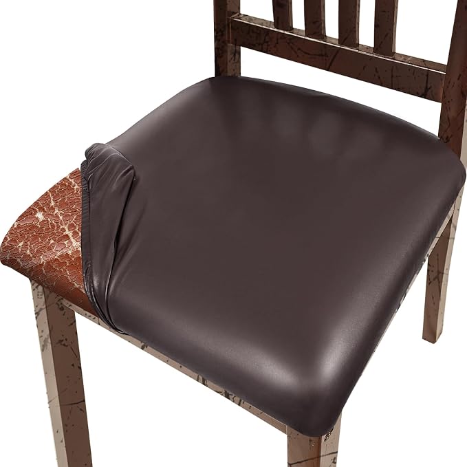 Pu Leather Dining Chair Seat Covers Set of 4, Waterproof Dining Seat Covers Stretch Chair Covers for Dining Chairs/Kitchen Room/Hotel, Odorless Seat Covers for Kitchen Chairs (Brown - 4 PCS)