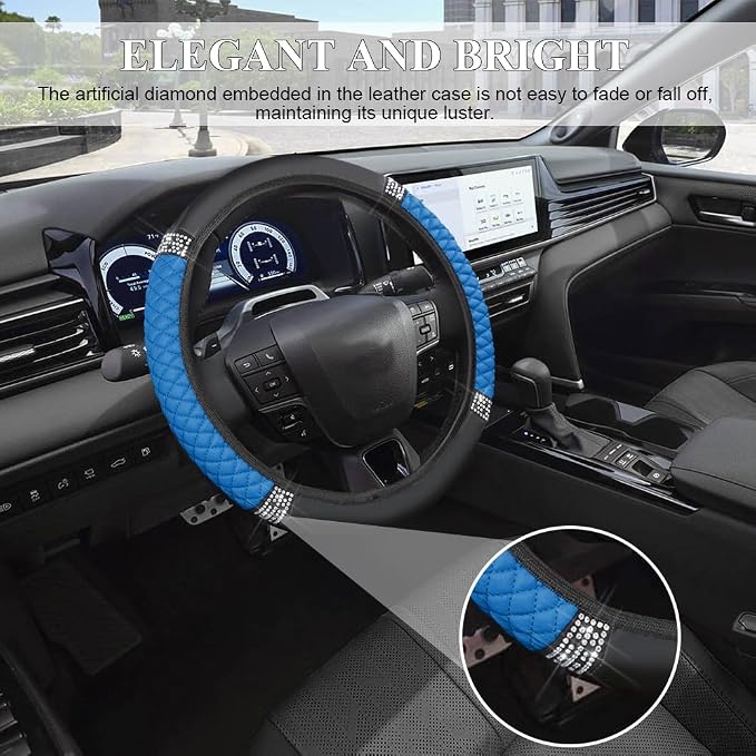 Bling Soft Leather Steering Wheel Cover, 15 Inch Colorful Rhinestones Auto Elastic Steering Wheel Protector for Women Girls, Car Accessories Anti Slip Steering Wheel Cover for Cars, SUVs (Blue)