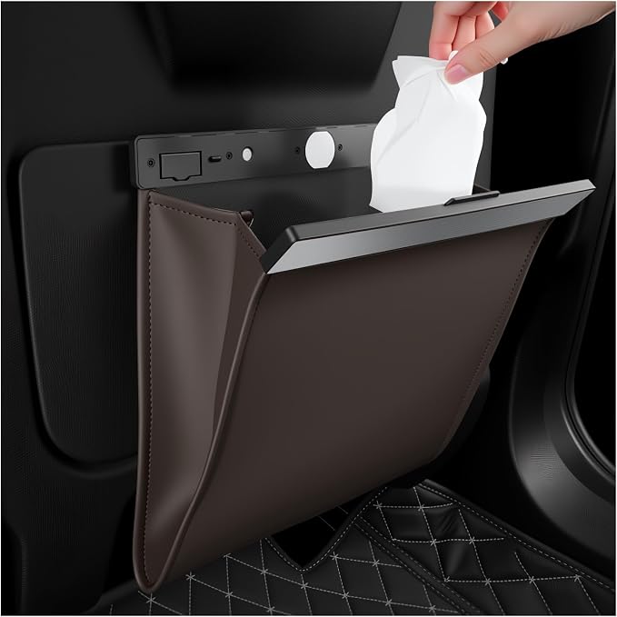 LED Car Trash Can Leak-Proof,Strong Magnetic Fast Closing Car Trash Bin as Cars Organizers and Storage,Cars Garbage Can with Automotive Trashs Bag for Backseat,Console,Door (Brown)