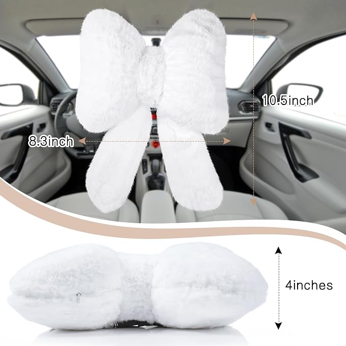 Macarrie 2 Pcs White Car Neck Pillow Plush Butterfly Bow Car Headrest Pillow Comfortable Seat Neck Support Cute Head Rest Accessories for Driving Travel Driver Chair Girl Interior Decor(Solid)