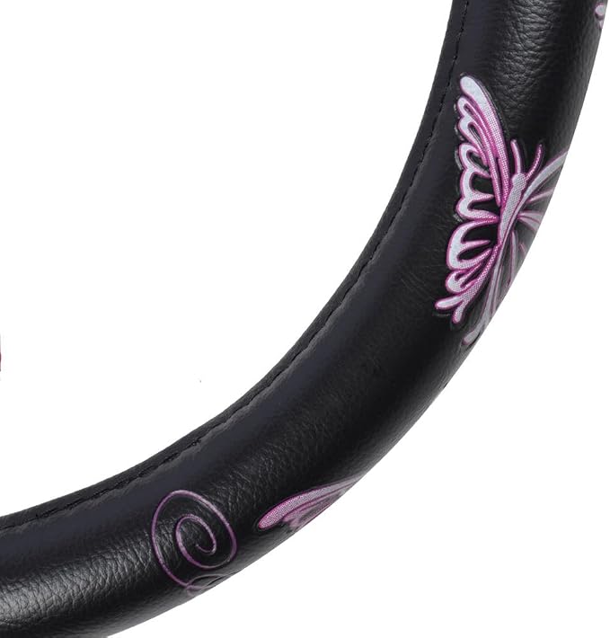 BDK Design Comfort Grip Steering Wheel Cover for Car SUV Van and Truck, 15 inch Standard Size, Pink Butterflies